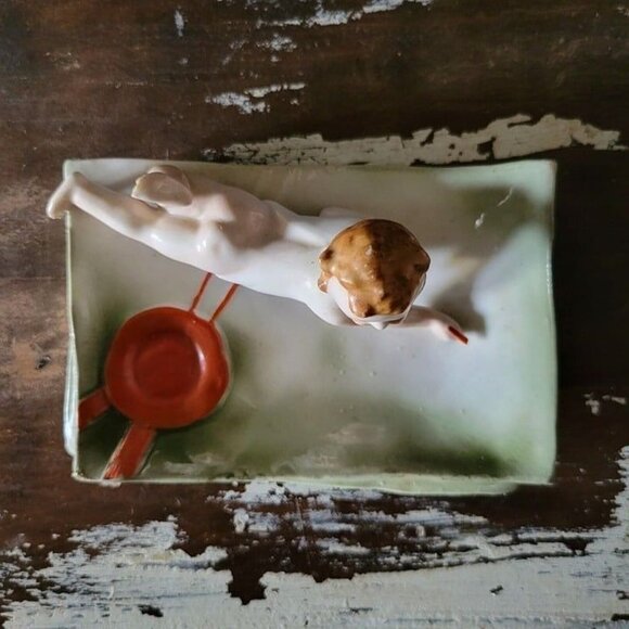 Antique Pin Dish Baby Swimming German Bisque Circa 1900, Antique Trinket Dish - Picture 7 of 10